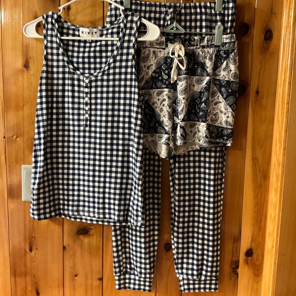 KIKIT Women’s Medium 3PC Gingham Tank Top, Shorts, & Pants Pajama/Lounge Set